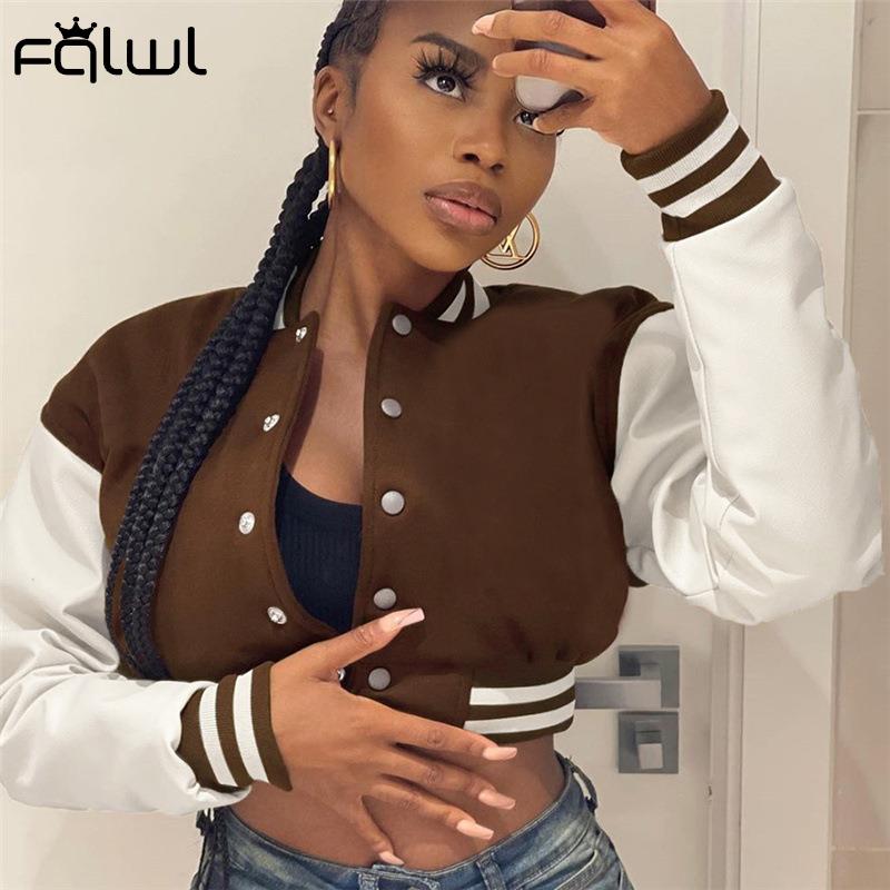 Brown Baseball Fashion Fall Jackets For Women Patchwork