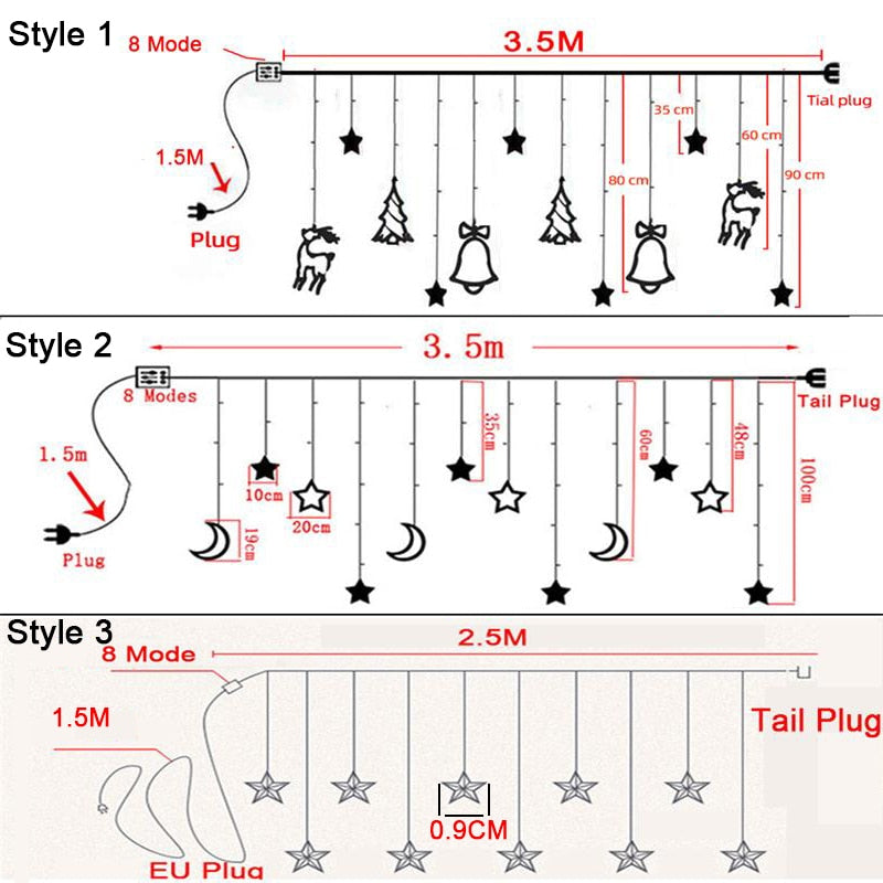 LED Deer Star Moon Curtain Light 220V 110V Christmas Garland