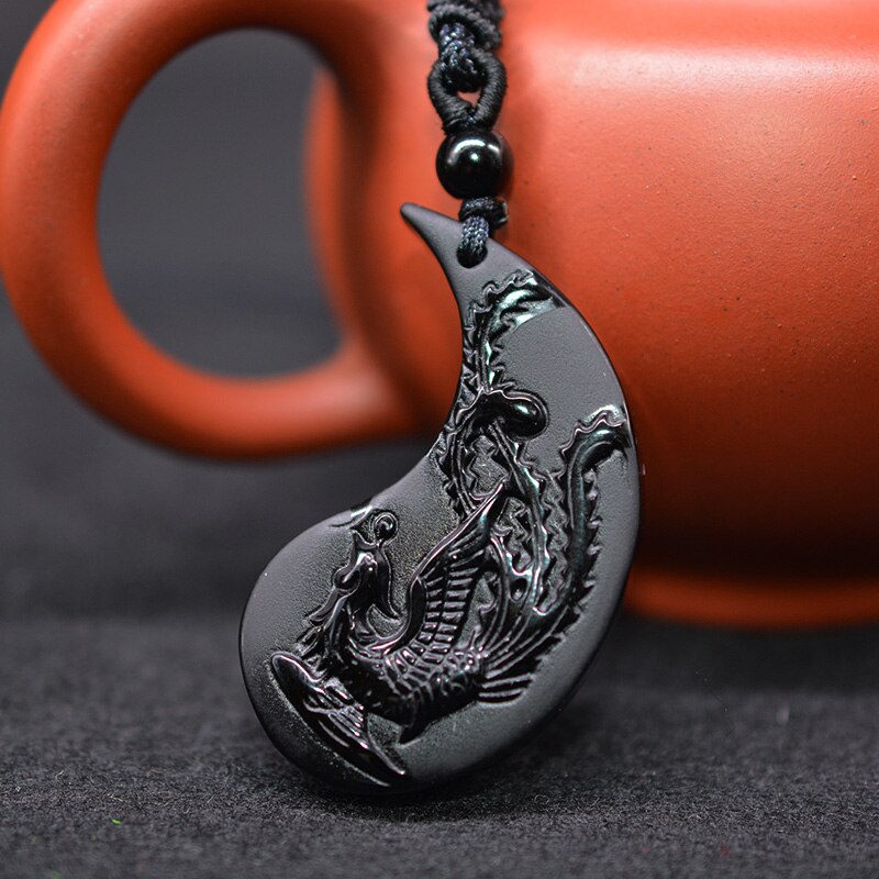 1 Set Obsidian Taichi Dragon and Phoenix Necklace