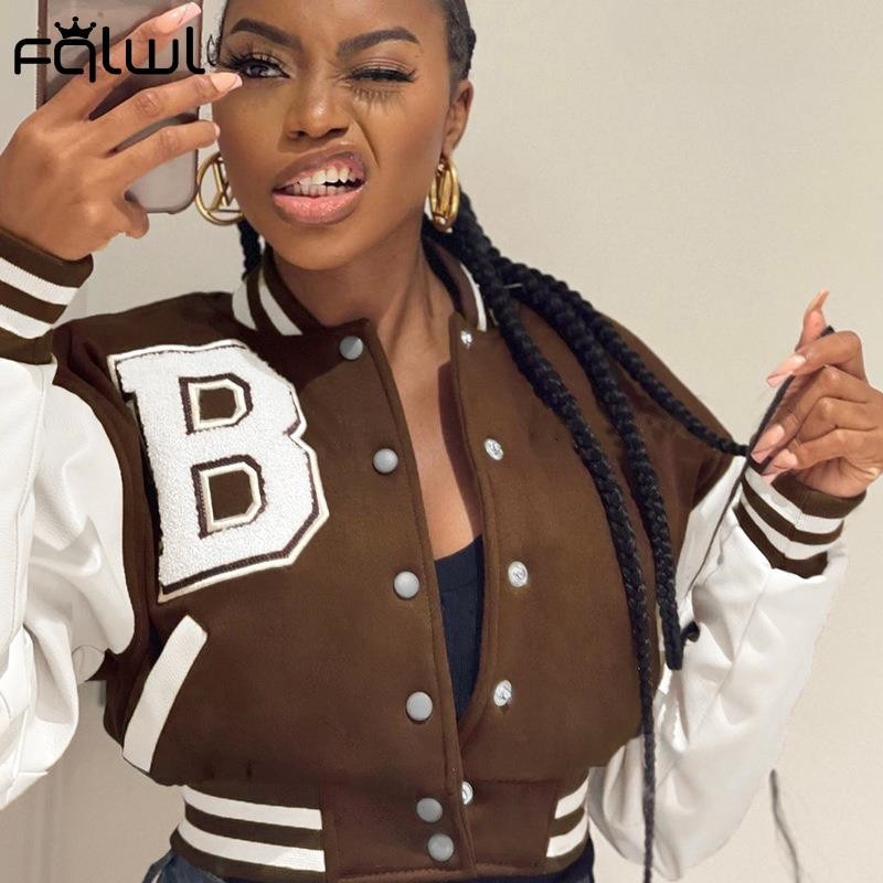 Brown Baseball Fashion Fall Jackets For Women Patchwork