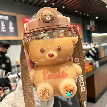 Bear Plastic Water Bottle With Straw Portable Strap