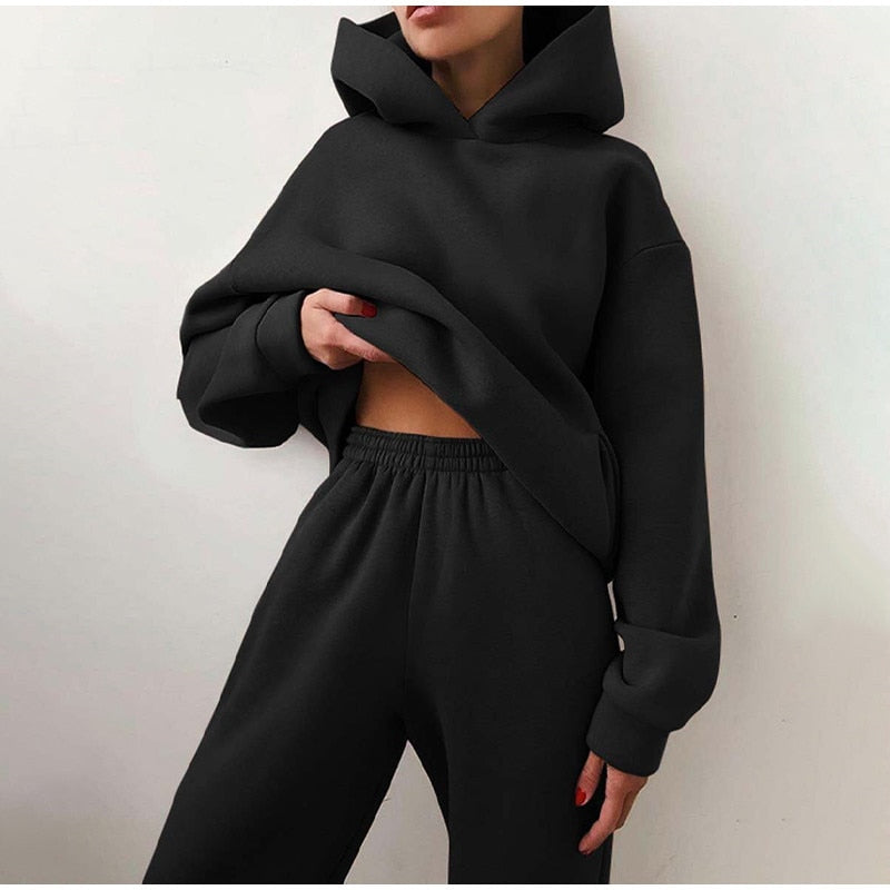 Women Tracksuit Autumn Winter Warm Solid Color Fleece