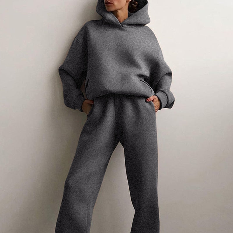 Women Tracksuit Autumn Winter Warm Solid Color Fleece