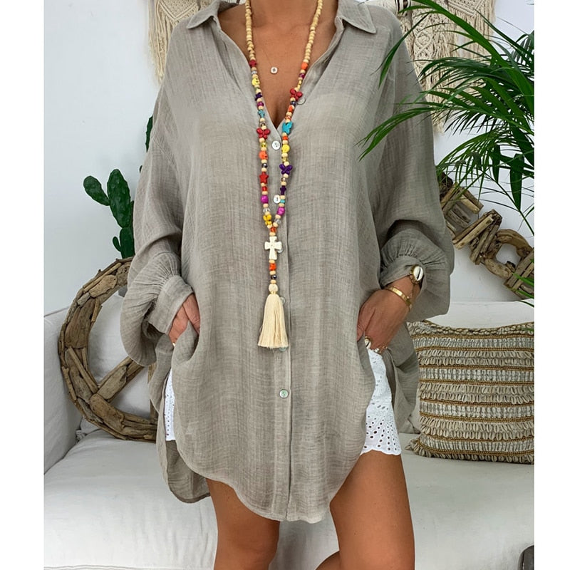 Long Sleeve Plus Size Linen Shirt Women White Button Down Shirt