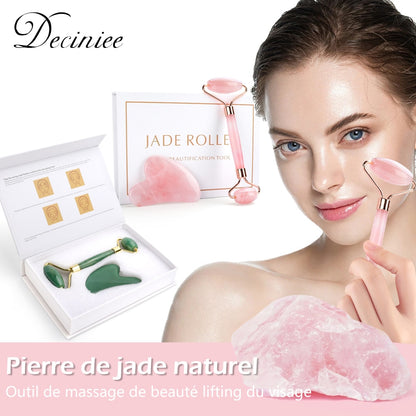 Beauty Natural Rose Quartz Jade Roller Gua Sha Set