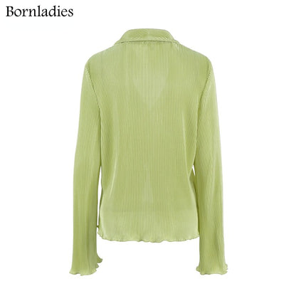 Green Vintage Flare Sleeve Blouse Casual Oversize Single Breasted