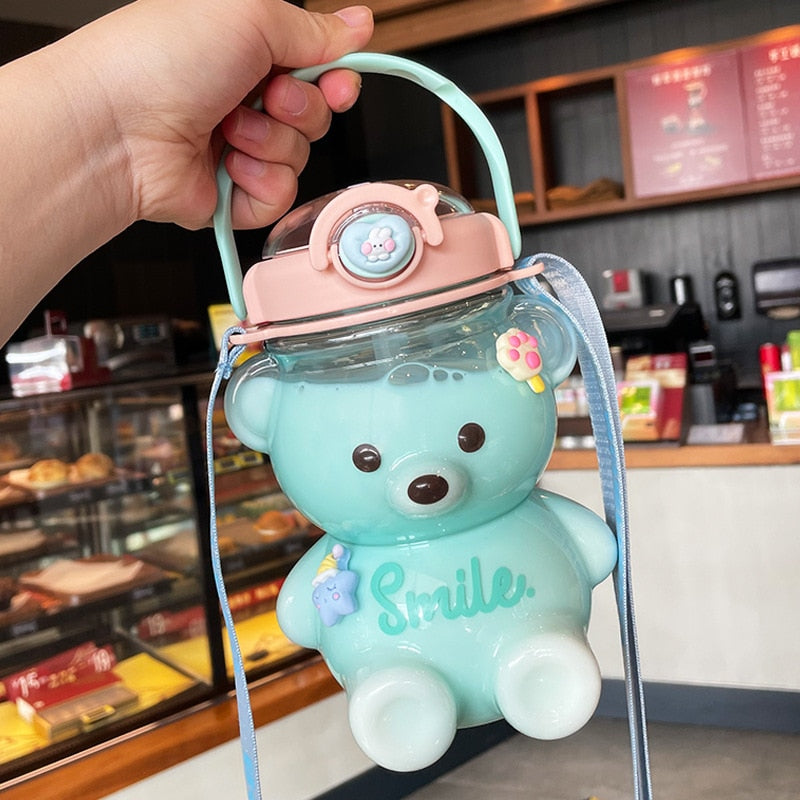 Bear Plastic Water Bottle With Straw Portable Strap