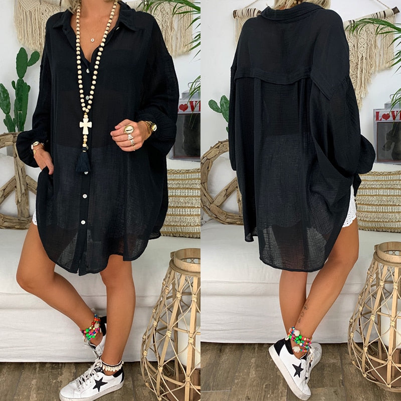 Long Sleeve Plus Size Linen Shirt Women White Button Down Shirt
