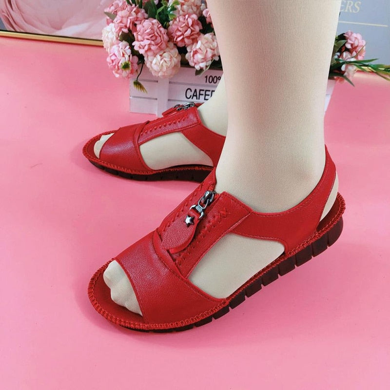 Women Sandals Zipper Flat Soft Pu Leather Sole Comfy