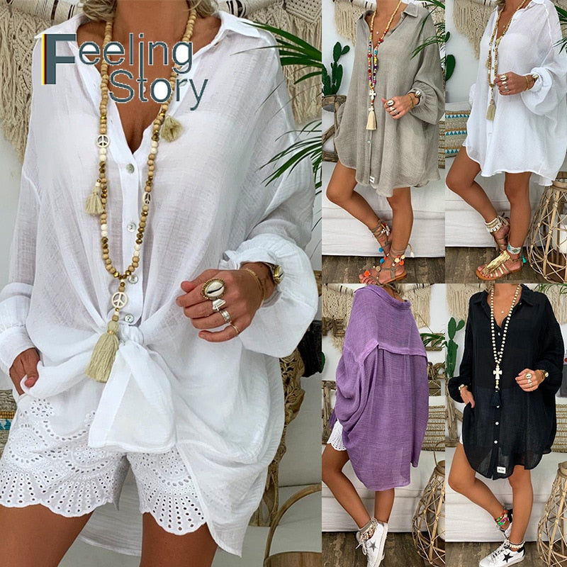 Long Sleeve Plus Size Linen Shirt Women White Button Down Shirt