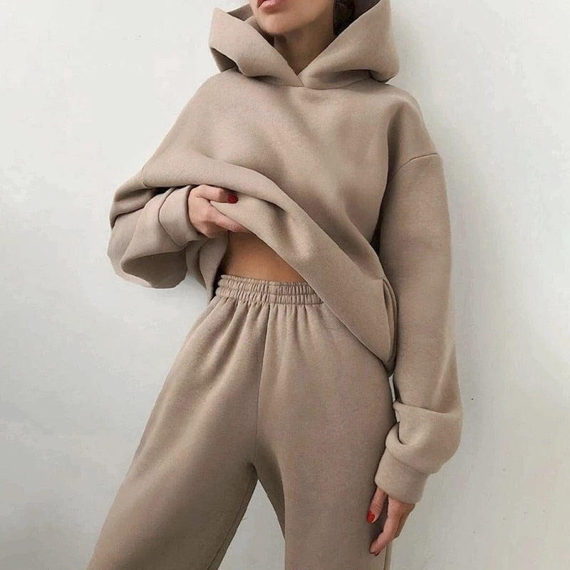 Women Tracksuit Autumn Winter Warm Solid Color Fleece