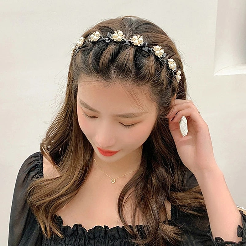 Double Bangs Clip Pearl Headbands Flower Hairbands