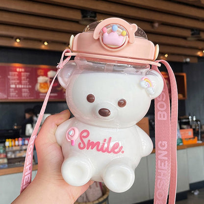 Bear Plastic Water Bottle With Straw Portable Strap