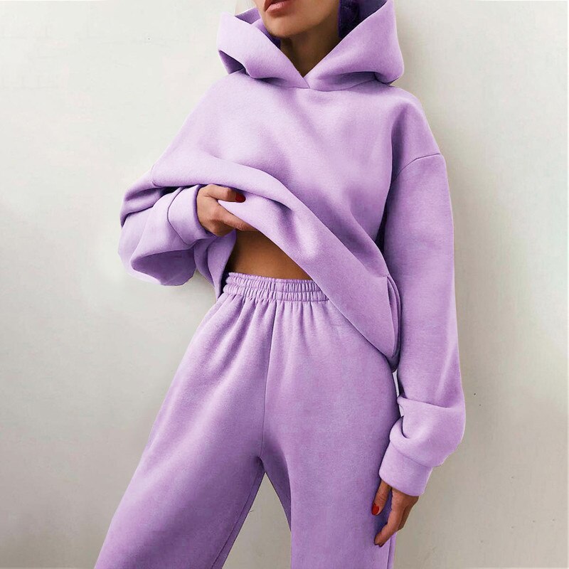 Women Tracksuit Autumn Winter Warm Solid Color Fleece