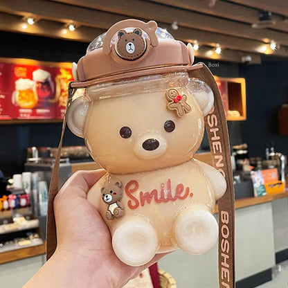 Bear Plastic Water Bottle With Straw Portable Strap