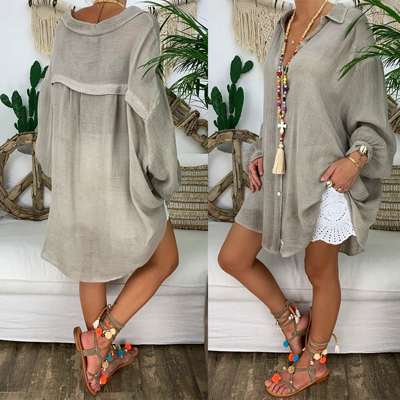 Long Sleeve Plus Size Linen Shirt Women White Button Down Shirt