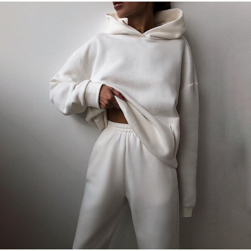 Women Tracksuit Autumn Winter Warm Solid Color Fleece