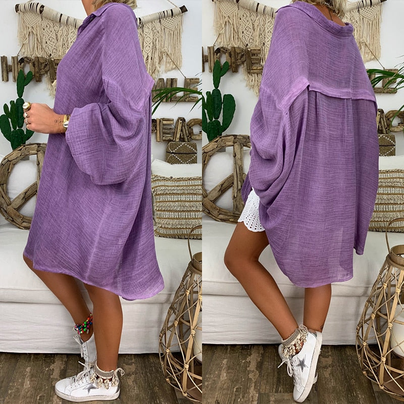 Long Sleeve Plus Size Linen Shirt Women White Button Down Shirt