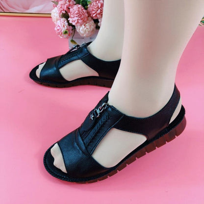 Women Sandals Zipper Flat Soft Pu Leather Sole Comfy