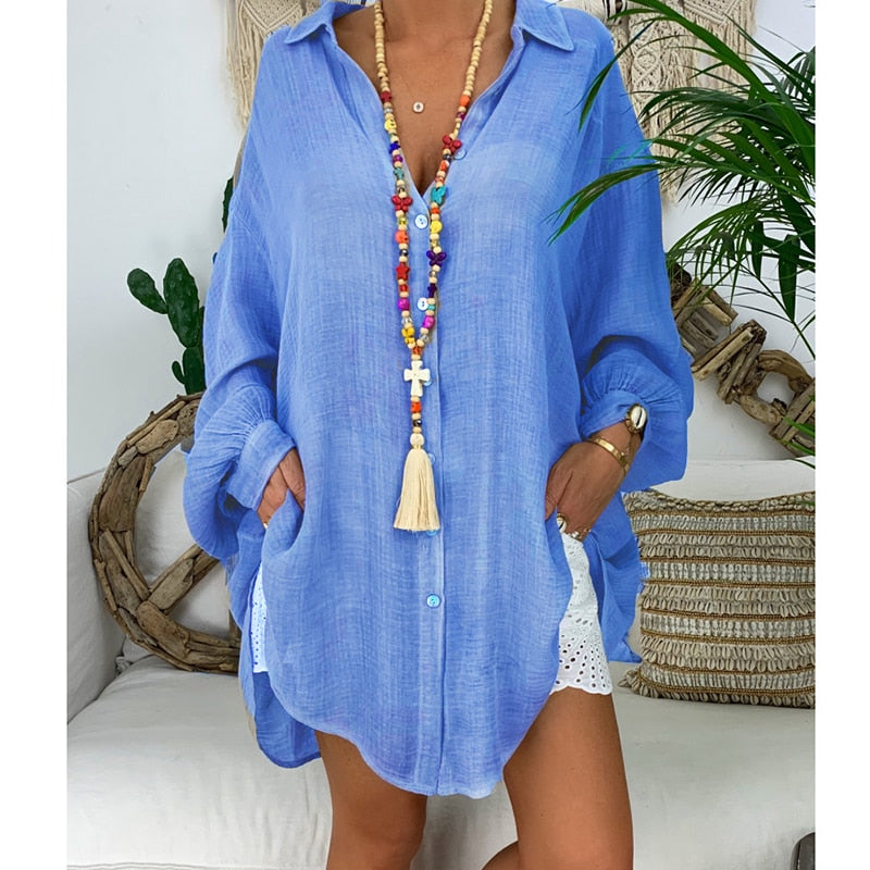Long Sleeve Plus Size Linen Shirt Women White Button Down Shirt