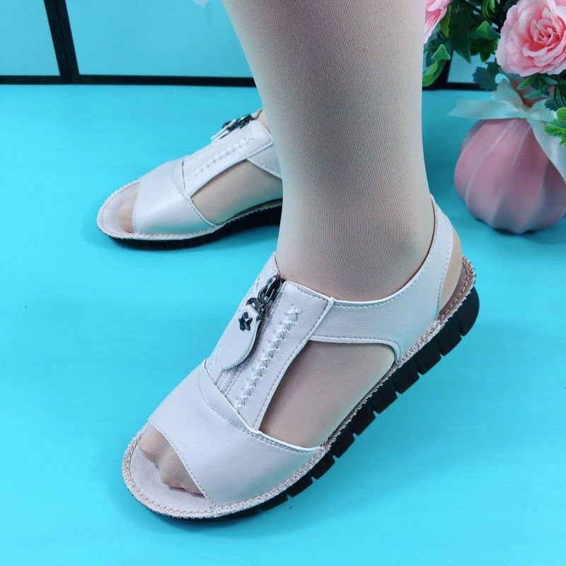 Women Sandals Zipper Flat Soft Pu Leather Sole Comfy