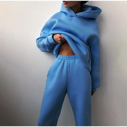 Women Tracksuit Autumn Winter Warm Solid Color Fleece