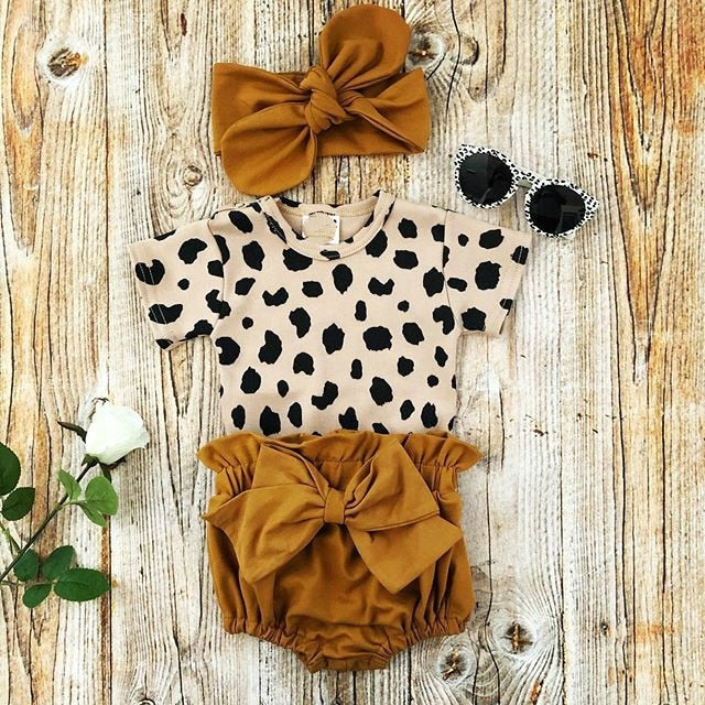 Leopard Print Short Sleeve Romper Tops Bow