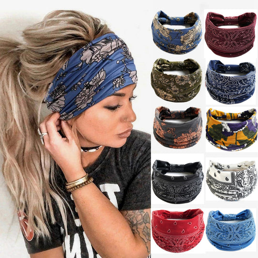 Flower Print Wide Headbands Vintage Knot Elastic