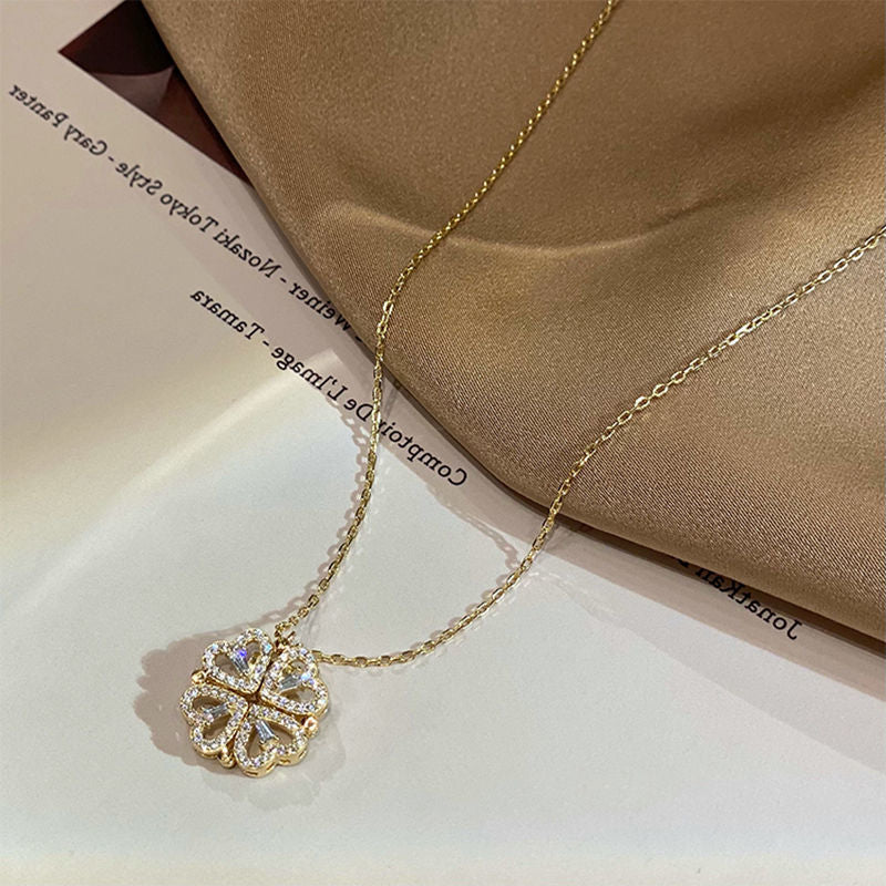 Retro Magnetic Folding Heart Shaped Four Leaf Clover Pendant Necklace Women Love