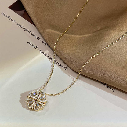 Retro Magnetic Folding Heart Shaped Four Leaf Clover Pendant Necklace Women Love