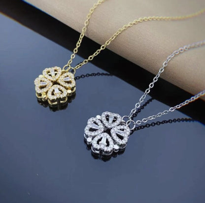 Retro Magnetic Folding Heart Shaped Four Leaf Clover Pendant Necklace Women Love