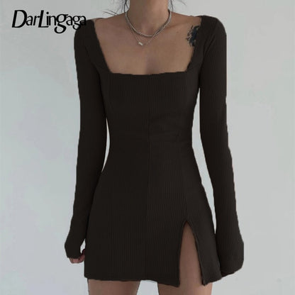 Elegant Square Neck Ribbed Black Dress
