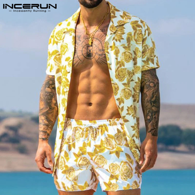 Men Hawaiian Sets Printing  Summer Short Sleeve